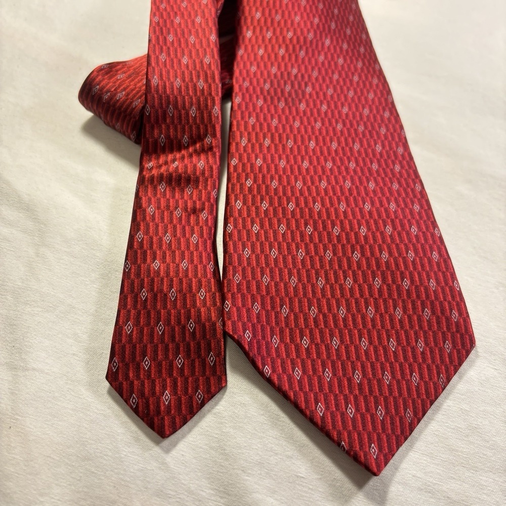 Vtg Murano Mens‎ Necktie Tie Red Grey Geometric Silk 58" Career